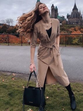 Zara Tan Belted V-Neck Midi Dress